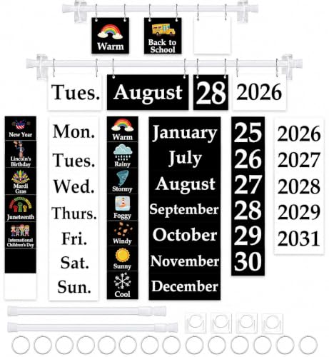 96 Cards Classroom Bulletin Board Decorations Set for Teachers,Flip Calendar with Holder for Classroom,Adjustable Calendar,Preschool Elementary Home Decor Supplies（Black and White） - style: Black and White