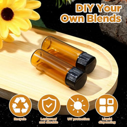 100 Packs 5 ml (1/6 oz) Mini Essential Oil Bottles with Caps, Amber Glass Empty Refillable Travel Glass Liquid Sample Vial Preservation Storage Vials Test Container-Rubber Stopper&Dropper