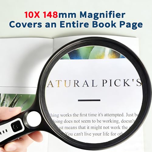 Large Magnifying Glass with Light, 5.1 Inch 10X Lens Rechargeable Magnifier - color: Black‑white