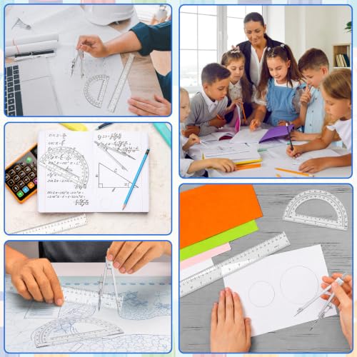 Coopay 3 Pcs Geometry Set, Clear Acrylic Ruler, Protractor and Compasses - size: 3 Pcs set