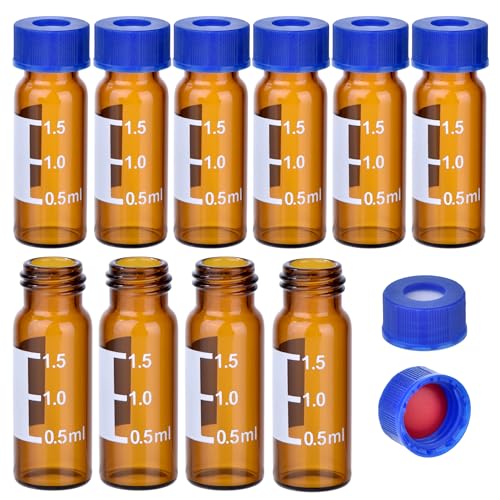 ESHATO 2ML Autosampler Vial, 100 Pack HPLC/GC Vials 9-425 Lab Amber Vials Sample Vial Screw Cap Writing Patch White PTFE and Red Silicone Septa for LC Stamper - size: 2ML