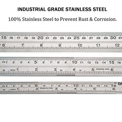 ZZTX Metal Ruler 6 Inch 12 Inch 16 Inch Stainless Steel 6 Pack
