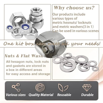 Dianrui 252PCS Metric Hexnut & Locknuts Assortment Kit with Flat Washer, Nuts and Washers Set 304 Stainless Steel (M3/ M4/ M5/ M6/ M8/ M10/ M12) Hardware Nuts-7 Sizes - size: 252PCS Metric Hex&Lock Kit