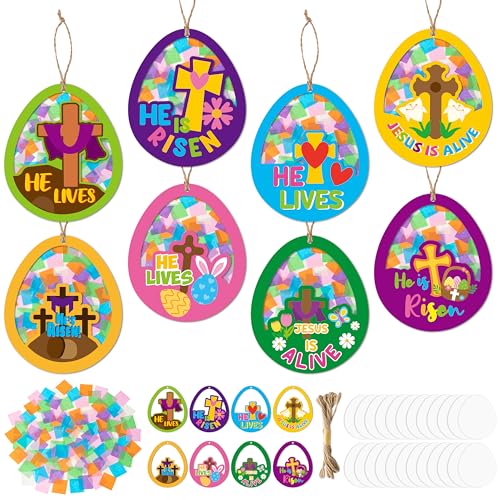 CJiangpo 24 Sets Religious Easter Egg Suncatcher Craft Kits, He is Risen DIY Stained Glass Window Ornament Rainbow Tissue Paper Art Craft for Classroom Sunday School Activities Christian Party Decor - style: Easter Egg