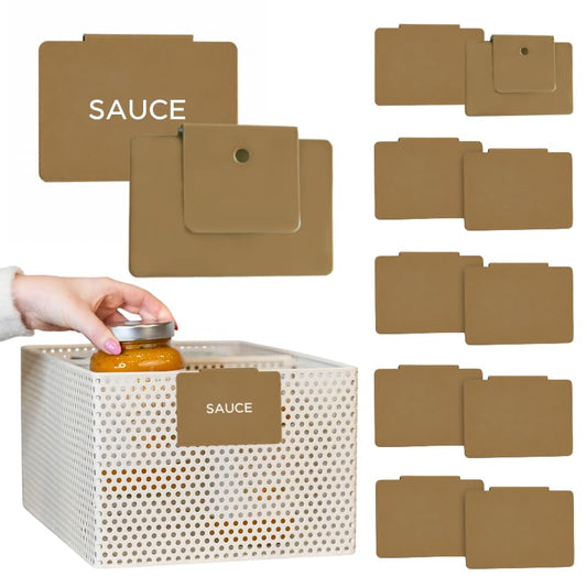Storage Bin Label Holders Clip-On – 10 Pack Metal Basket Labels for Pantry, Baskets, Shelves & Organization Bins, 3.5” x 2.5” (Heritage Brass) - color: Heritage Brass