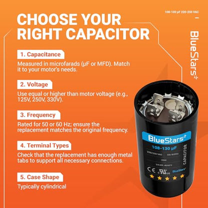 [2025 Upgraded] BlueStars 108-130 uF MFD 220-250 VAC Motor Start Capacitor - size: 108-130 MFD 220-250 VAC