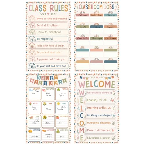 Classroom Jobs & Classroom Rules Poster Set, 4 Classroom Posters Elementary with Birthday Chart & Welcome Poster, Preschool Posters Laminated Style, Classroom Decor for Kindergarten Teacher - color: Class Rules