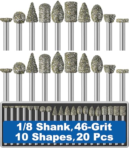20Pcs 46-Grit Diamond Grinder Bit 1/8" Shank Compatible with Dremel Rotary Tool Attachment Accessories Grinding Burrs for Stone Glass Resin Porcelain Ceramic Quartz Glaze Steel Carve Engrave Polish - style: 46-grit