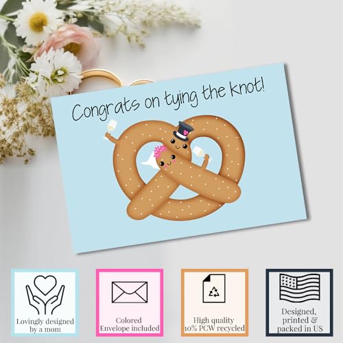 Amanda Creation Funny Wedding Card for Bride and Groom, 4x6 Blank Inside with Silver Envelope, Pretzel Newlywed Congratulations Greeting - style: Pretzel