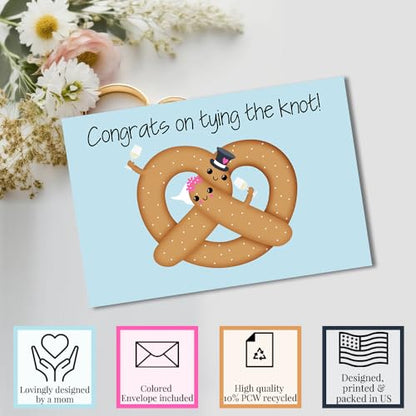 Amanda Creation Funny Wedding Card for Bride and Groom, 4x6 Blank Inside with Silver Envelope, Pretzel Newlywed Congratulations Greeting - style: Pretzel