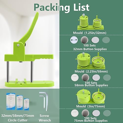 Happizza Button Maker Machine Multiple Sizes, Pin Maker Machine 1.25+2.25+3 inch, Interchangeable Button-Models Badge Button Press Machine with 300 Sets 32+58+75mm Button Maker Supplies&Circle Cutter - size: Green 1.25+2.25+3 inch (300 Sets)