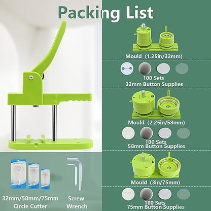 Happizza Button Maker Machine Multiple Sizes, Pin Maker Machine 1.25+2.25+3 inch, Interchangeable Button-Models Badge Button Press Machine with 300 Sets 32+58+75mm Button Maker Supplies&Circle Cutter - size: Green 1.25+2.25+3 inch (300 Sets)