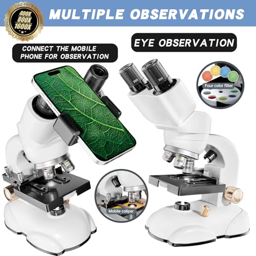 Microscope for Kids, Double Tube Double Mirror Microscope Kit LED 400X-1600X Magnification Kids Science Toys, Microscope Slides with Specimens for Kids,Students Microscope STEM Kit