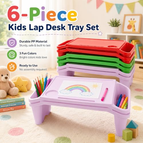 6-Pack Lap Desks for Kids, Lightweight Stackable Lap Trays with Cup Holder & Phone Slot, 33lbs Load Capacity Kids Lap Desk Tray for Writing Eating Reading on Bed Couch, Home School, 19.7x9.8x7.1 - color: Red+green+purple