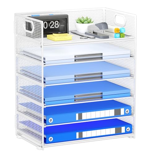 Paper Organizer for Desk with Handle, 6-Tier - color: White, size: 12.6" x 9.1" x 13.5"