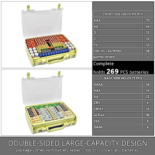 Battery Organizer Storage Case with Tester for 269 Batteries, Double Sides - color: Green