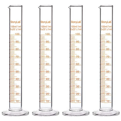 StonyLab 4-Pack Borosilicate Glass 100ml Heavy Wall Graduated Cylinder Measuring Cylinder, 100ml - size: 100 ml