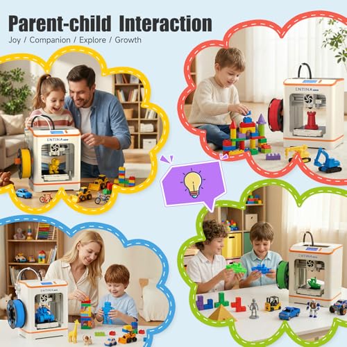 Entina Tina2C Mini 3D Printer Bundle for Kids & Beginners, Fully Assembled, Auto Leveling, Easy Setup, WiFi & App Control, 3000+ Models, 20+ DIY Modules, Includes 4-Color PLA Filament - color: Orange/Yellow/Pink/Purple