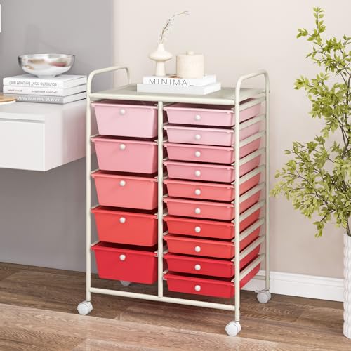 COSTWAY 15 Drawer Rolling Storage Cart, Mobile Storage Organizer - color: Mixed Pink, size: 15 Drawer