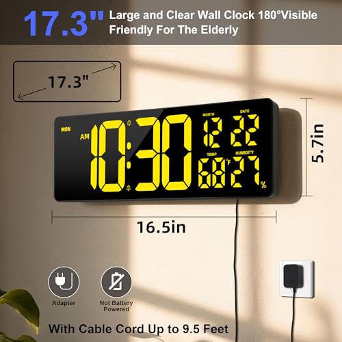 17.3"Large Digital Wall Clock 15 Color Modes Display 8 Color Night Light - color: Black