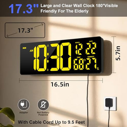 17.3"Large Digital Wall Clock 15 Color Modes Display 8 Color Night Light - color: Black
