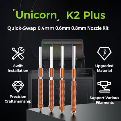 Creality K2 Plus Nozzle, K2 Pro Hotend Nozzles Replacement Kit with Titanium Alloy, Copper Alloy, Hardened Steel, High Flow Upgraded Unicorn Nozzle for K2/ K2 Pro Combo (0.4 0.6 0.8mm 4PCS) - style: 0.4+0.6+0.8mm-4PCS