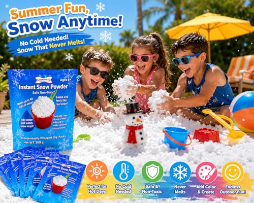 Instant Snow Powder - 30 Pack - Makes 60+ Cups Artificial Fake Snow for Holiday Decor, Sensory Play, Slime & Kids Crafts - Fluffy & Safe