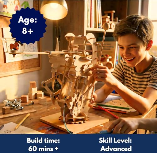 PATHFINDERS STEM Kit – Hydraulic Gearbot | Wooden Robot Building Kit with Gears, Levers & Catapult Launcher | Engineering Toy for Kids Age 8-12 | STEM Gift for Boys & Girls