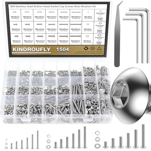 1504 Pieces Button Head Socket Cap Screws Nuts Washers Kit, Kindroufly M2 M3 M4 Screw Assortment Kit, Machine Screws, 304 Stainless Steel, Fully Machine Thread, Silver - size: Button Head