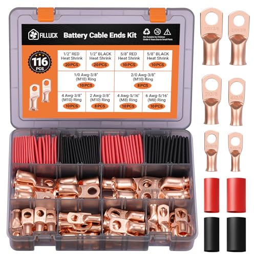 116 pcs Battery Cable Ends Kit, Copper Lugs AWG 1/0 AWG 4 AWG 2
