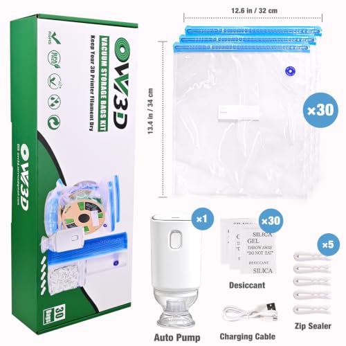 OVV3D Filament Storage Bags 30pcs, Plus Size 32X34cm 3D Printer Filament Storage Bags Vacuum Sealed Kit with 30 Desiccants, Auto Pump,Perfect for 3D Filament Storage or Using After Filament Dryer Box