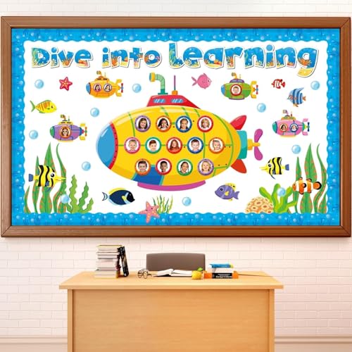 Summer Under The Sea Bulletin Board Classroom Decoration Dive Into Learning Sea Animal Ocean Bulletin Board Sets Submarine Tropical Fish Cutouts for School Chalkboard Wall Supplies - style: Submarine