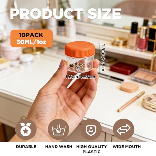 ASEVAT 10 Pack 1oz Travel Containers for Toiletries, 30ml Small Plastic Jars with Lids & Mini Spatulas, Cosmetic Jars for Creams, Slime, Lotions, Leak Proof Sample Containers (Clear/Orange) - color: Orange