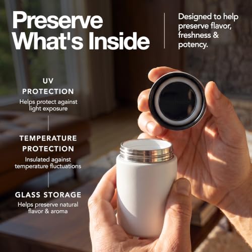 nugbuddy Mini Airtight Storage Container - Vacuum Sealed Insulated w Nested Glass Jar - UV Protection, Temperature Controlled Stainless - 100 ml (1/4 Oz) - color: White, size: 100 ML