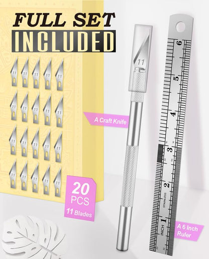 DIYSELF Exacto Knife Set with 20#11 Blades, Aluminum Handle, 6-Inch Ruler - color: Silver-20pcs