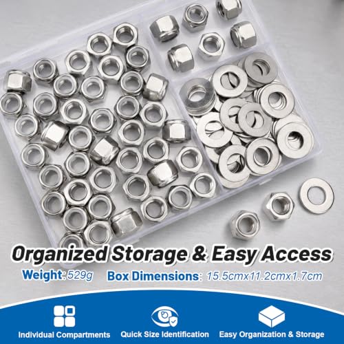 3/8-16 Lock Nut 96Pcs Stainless Steel Nylock Locking Nuts with Washers - size: locknuts-3/8" 96pcs
