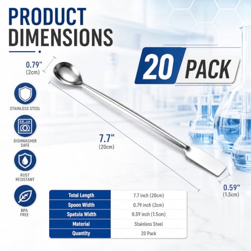 Sawysine 20 Pack 2 in 1 Stainless Steel Lab Spoon Spatula 7.7'' Double End