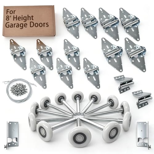 Garage Door Hardware kit, for 8' Height Garage Doors,Includes Rollers/Hinges/Bottom Bracket/Top Bracket/Wire Rope/Screw Pack - size: 8Ft Door
