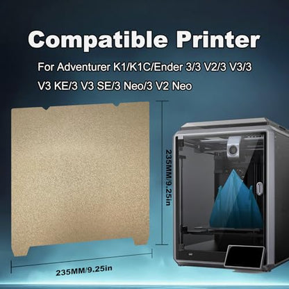 235x235mm Gold PEI Build Plate for K1/K1C/Ender 3/3 V2/3 Pro/5/5 Pro/3 Neo/3 V2 Neo, Double Sided Textured PEI Flexible Spring Steel Platform Heated Printing Bed for Creality 3D Printer - size: 235x235mm