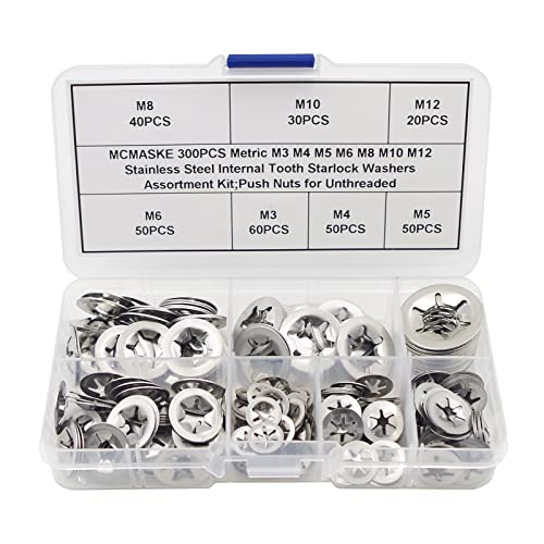 300PCS Metric M3 M4 M5 M6 M8 M10 M12 Stainless Steel Internal Tooth Starlock Washers Assortment Kit;External Push Rings; Push On Washers;Push Nuts for Unthreaded Shafts
