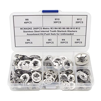 300PCS Metric M3 M4 M5 M6 M8 M10 M12 Stainless Steel Internal Tooth Starlock Washers Assortment Kit;External Push Rings; Push On Washers;Push Nuts for Unthreaded Shafts