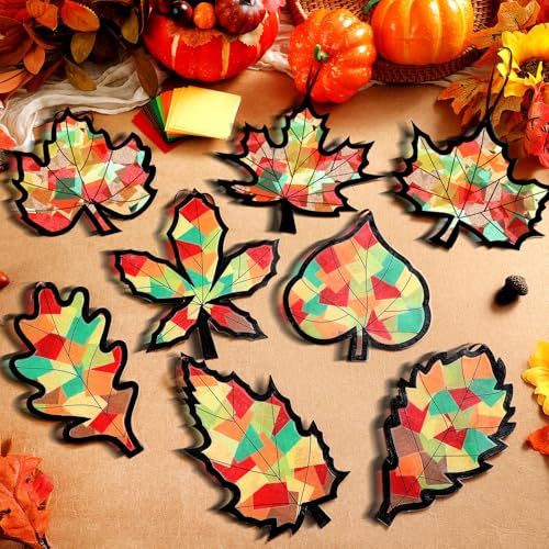 Eersida 32 Pcs Fall Crafts Kit Bulk Leaves Maple Leaf Paper Suncatchers DIY - style: Maple Leaf Style