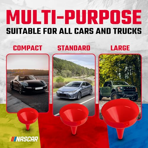 NASCAR Automotive Funnel Set – Oil, Gas & Fluid Funnels for Cars & Trucks, Durable, Lightweight, & Versatile, Includes 3 Sizes: Small, Medium, Large, Multi-Purpose Use for Oil Changes, Fuel, & More