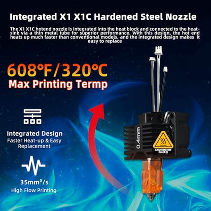 Bambuu Lab X1 X1C Hotend Complete Kit, 0.4MM Hardened Steel Nozzle Full Assembly with Fan, Ceramic Heater, Nozzle, Thermistor, Extruder Heating Block Replacement for Bambu Lab X1 Series 3D Printer