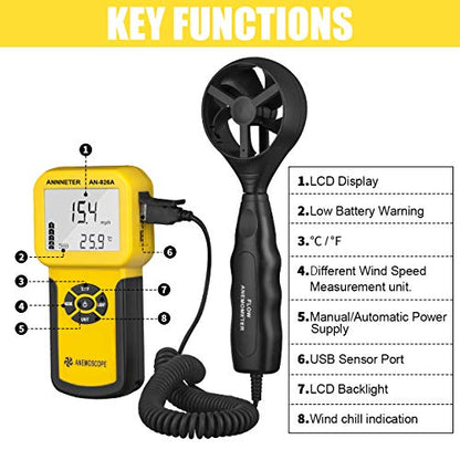HVAC Air Flow Anemometer 65 MPH, AIOMEST Handheld Wind Speed Meter 826A - color: Yellow