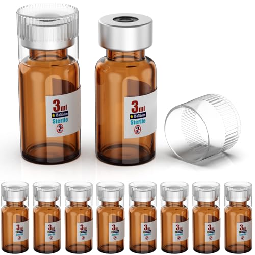 Biomed Solutions Sterile Empty Vial with Reusable Plastic Cap,Ready to Fill Glass Containers, Liquid Injection Bottle Sealed with Self Healing Injection Port (3ml Amber 10pcs) - size: 3ml Amber 10pcs