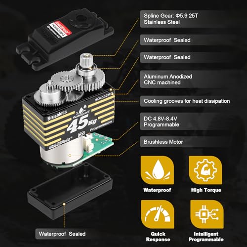 HobbyPark Waterproof 45KG High Torque Servo Motor 8.4V HV RC Servo Brushless Metal Gear Digital Servo with 25T Servo Horn for 1/8 1/10 1/12 RC Crawler RC Truck RC Car Robot DIY Control Angle 180°