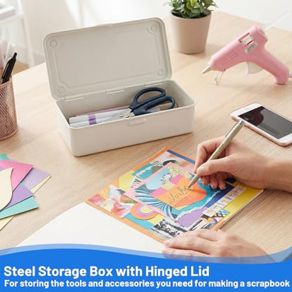 moheaaei White Small Steel Storage Box with Lid, 2-Pack Rectangular Metal Hinged Tin Boxes - 7.9x4x2 Inch Organizer for Scrapbook Stamps, Tools, Jewelry & Office Supplies