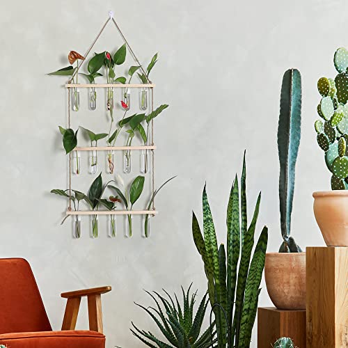 YIBOT Plant Propagation Stations with Wooden Stand 15 Glass Test Tubes Vase - color: Beige, size: 14"L x 14"W x 35"H