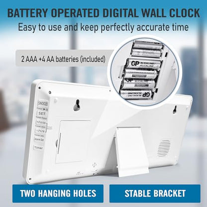 TXL 18.44" Large Amotic Digital Wall Clock with Backlight, Battery Operated Alarm Clock with Day, Date & Temperature, Jumbo Display Digital Count Up Down Timer Clock for Hoom,Classroom Room,Office - color: White Atomic Backlight-18.44in